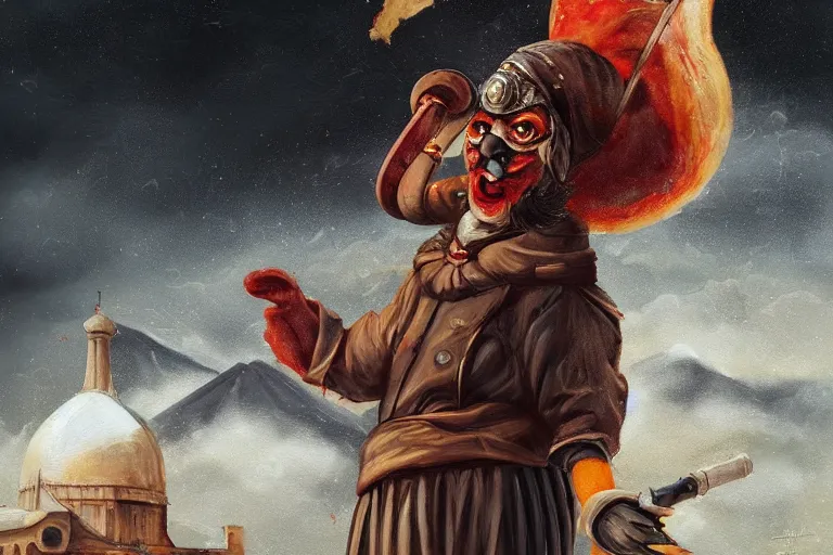 Image similar to a highly detailed pulcinella!! from naples, pizza!, volcano, black sky, smoke, fire lava, post - apocalyptic vibe, full body, wide angle, an ultrafine detailed painting by rivorio mok, trending on deviantart, whimsical, lowbrow, perfect symmetrical face, sharp focus, octane, masterpiece