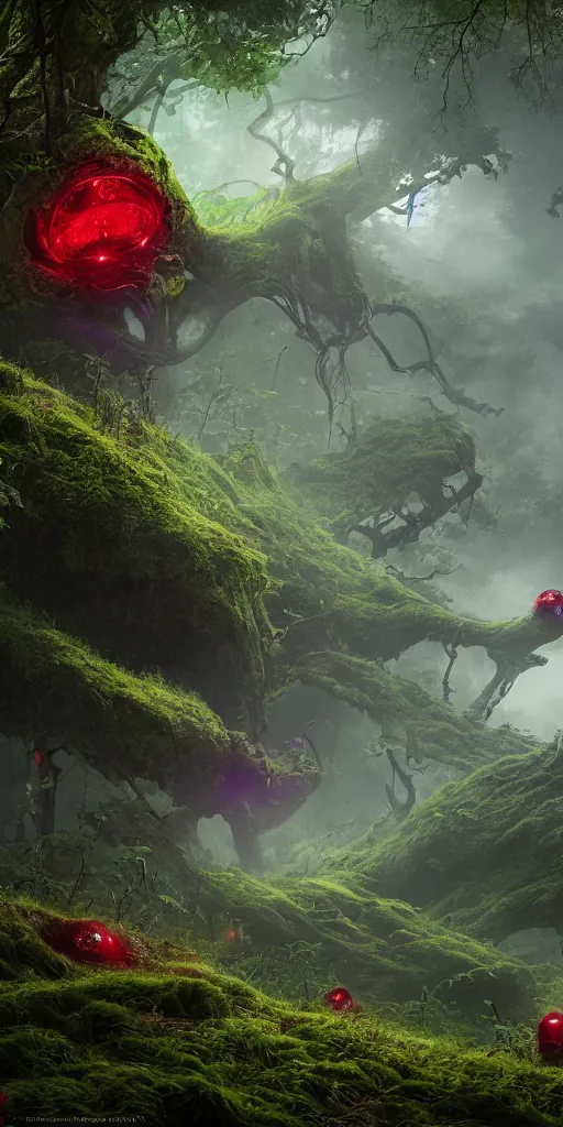 Prompt: little red robot with glowing purple eyes, surrounded by a green forrest, moody , lovecraft, giger, ridley scott, zack snyder, Fenghua Zhong, realistic cinematic lighting, establishing action shot, ultra detailed, hyper realism, photo, octane render