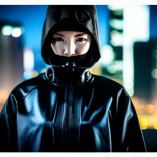 Image similar to photographic portrait of a techwear woman holding a bullet up to the camera, closeup, on the rooftop of a futuristic city at night, sigma 85mm f/1.4, 4k, depth of field, high resolution, full color, award winning photography, inspired by Kill Bill, inspired by John Wick, inspired by Die Hard, movies with guns, movie firearms