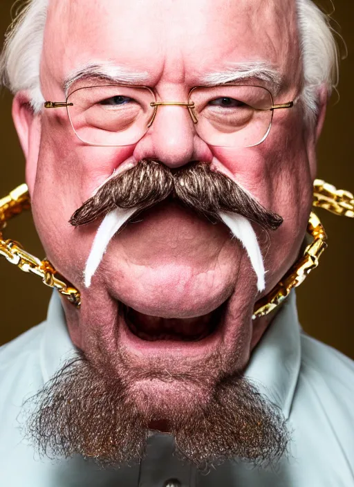 Image similar to dslr portrait photo still of!!! wilfred brimley!!! white mustache as a gangsta rapper with gold chains and gold teeth grills growling at camera, 8 k, 8 5 mm f 1. 8