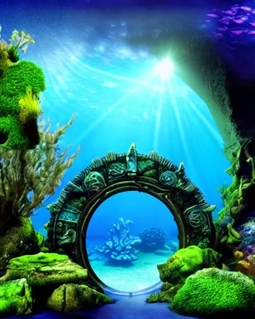 Prompt: underwater otherworldly stargate, entrance to atlantis populated sealife, moss, rocks, epic scenery, far, starry gate photorealistic