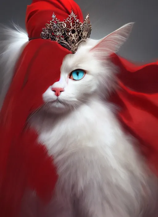 Image similar to side profile of a white and brown ragdoll cat king wearing a crown and red cape, fantasy, digital painting, volumetric light, intricate, sharp, focus, bloom, illustration, highly detailed, concept art, matte, ruan jia, randy vargas, greg rutkowski