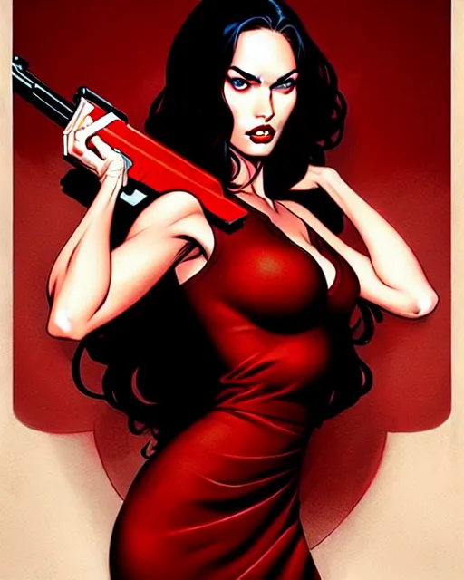 Prompt: artgerm, joshua middleton comic cover art, full body pretty megan fox holding a shotgun, red dress, symmetrical eyes, symmetrical face, long curly black hair, dark city background, cinematic lighting