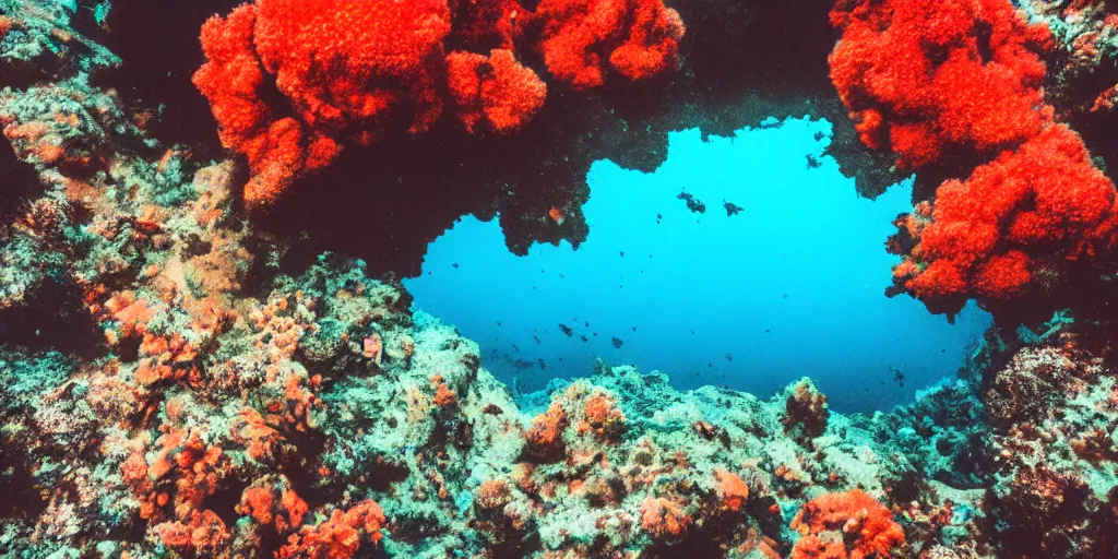 Prompt: analog photo of underwater, deep blue water, some colourful coral