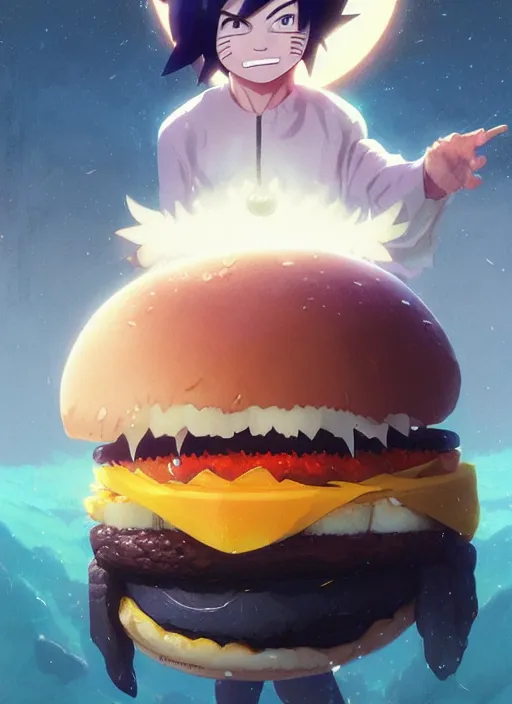 Image similar to highly detailed hamburger consuming naruto uzumaki with black hair, art by greg rutkowski, loish, rhads, ferdinand knab, makoto shinkai and lois van baarle, ilya kuvshinov, rossdraws, tom bagshaw, global illumination, radiant light, detailed and intricate environment