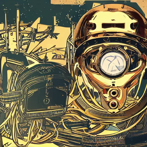 Image similar to Illustrated by Shepard Fairey and H.R. Geiger | Steampunk Mad Max with VR helmet, surrounded by cables