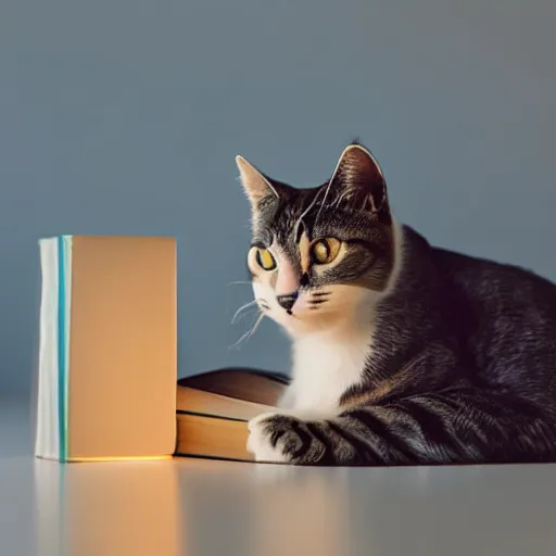 Image similar to a cat reading a book, award winning photo, symmetrical, sharp edges, box of light, blurred background