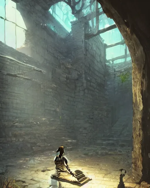 Image similar to a skeleton sitting in an old corner chained up an old abandoned dungeon, very little moss, sunbeams streaming in through an unseen window, ancient. Atmospheric lighting, By Makoto Shinkai, Stanley Artgerm Lau, WLOP, Rossdraws, James Jean, Andrei Riabovitchev, Marc Simonetti, krenz cushart, Sakimichan, D&D trending on ArtStation, digital art.