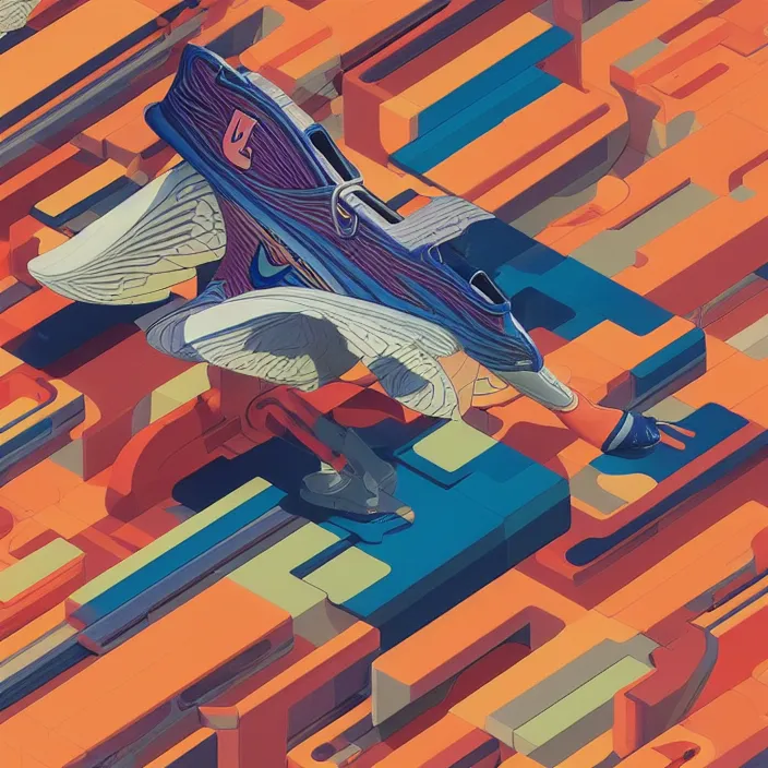 Image similar to excellent painted isometric view of 'nike air max 1', high quality masterpiece painted, patterned background, 4k, trending on artstation, octane render, art by James Jean and artgerm and greg rutkowski and alphonse mucha and craig mullins and James Jean and Andrei Riabovitchev and Marc Simonetti and peter mohrbacher