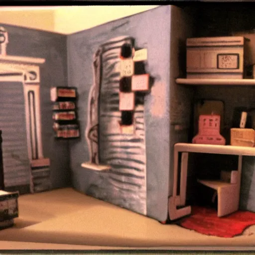 Image similar to liminal space of a doll house, found footage, backrooms, spooky