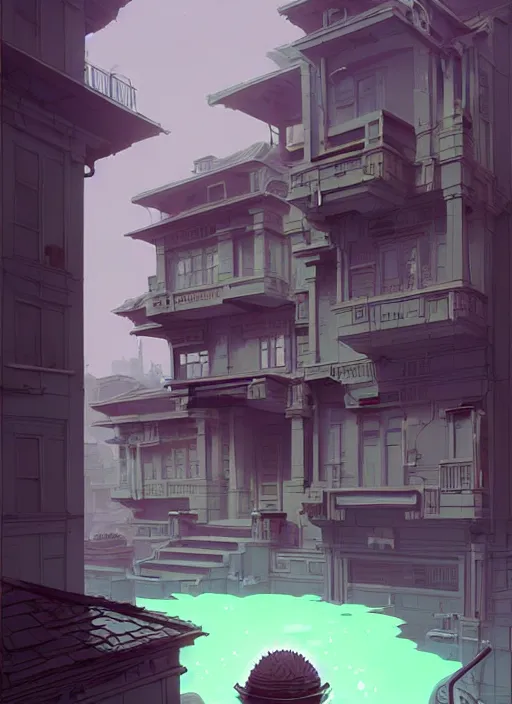 Image similar to highly detailed building villa style in urban area architectural concept in foucs mod by atey ghailan, james gilleard, by joe fenton, by greg rutkowski, by greg tocchini, by kaethe butcher, 4 k resolution, gradient purple, brown black and white color scheme!!! ( ( green flaming robotic sewer background ) )