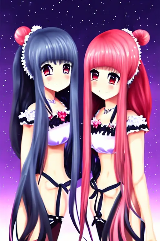 Image similar to two beautiful female idols with twintails facing each other, dark background, detailed anime art