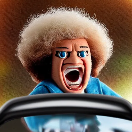 Prompt: a screaming angry bob ross doll in rear view mirror