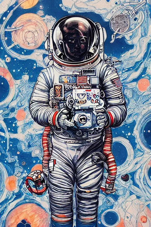 Image similar to James Jean artwork, astronaut in space, colourful