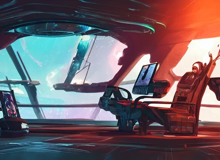 Prompt: a man sitting on a chair with things attached to his head, screens in front of him playing videos, ship interior, futuristic, scifi, concept art, surreal