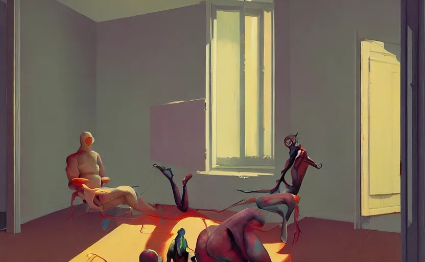 Image similar to Cozy apartment, very coherent, painted by Francis Bacon and Edward Hopper, Wayne Barlowe, painted by James Gilleard, surrealism, airbrush, art by JamesJean