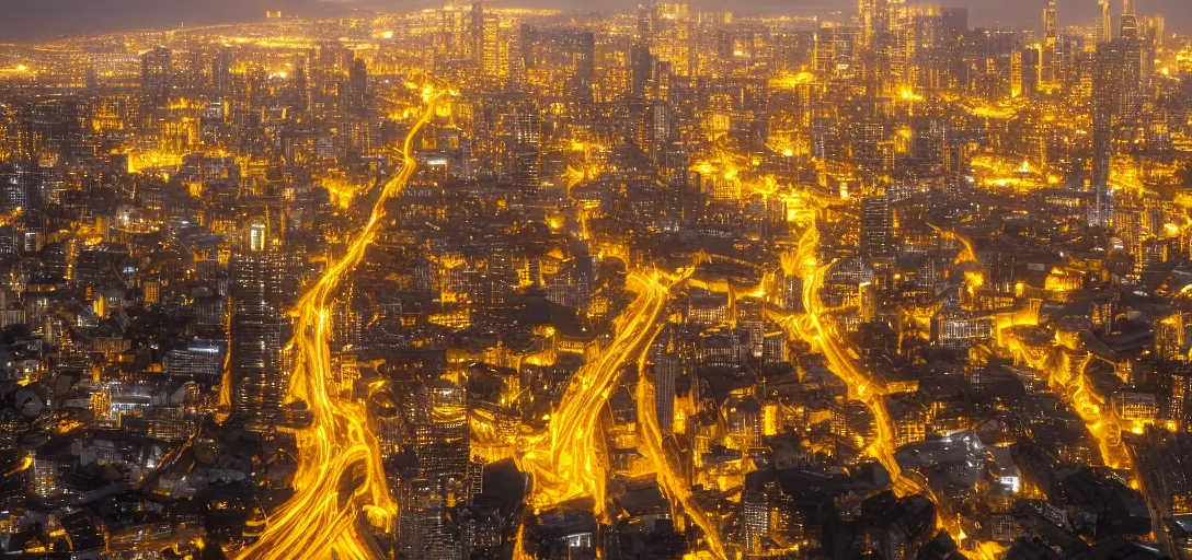 Prompt: a glowing golden road winding through a city of towering synthesiser buildings, lit from below, dark city, coloured glow