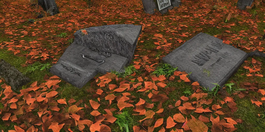 Image similar to where was i when you died, forest, grave, falling leaves, 8k, ultra realistic