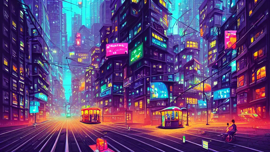 Image similar to street view of the city at night by cyril rolando and naomi okubo and dan mumford and zaha hadid. flying cars. advertisements. neon. tram.