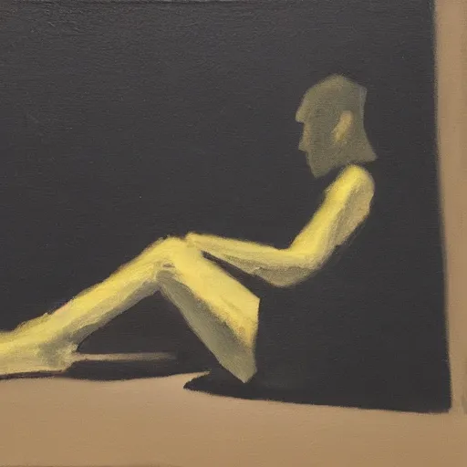 Prompt: a silhouette of a depressed person sitting in the corner of a dark room, oil on canvas