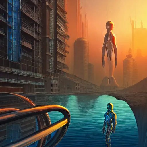 Prompt: aquatic alien in mechanical exoskeleton designed by jony ive in cybercity, golden hour, poster by michael whelan and gilbert williams and evgeny lushpin and artgerm and alena aenami, 3 0 mm, well proportioned, highly detailed, rule of thirds, long exposure