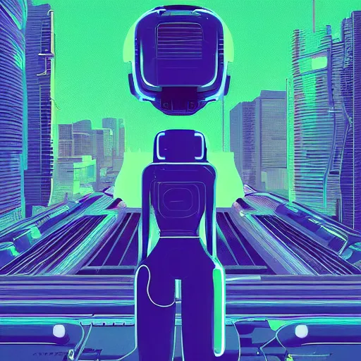Prompt: a woman walking across a green field, a huge blue robot head in front of her, cyberpunk art by by james gilleard, cgsociety, retrofuturism, synthwave, retrowave, outrun