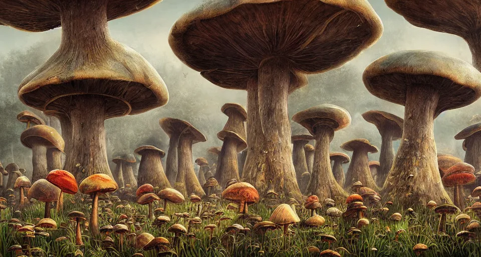 Image similar to A tribal village in a forest of giant mushrooms, by Sam Spratt