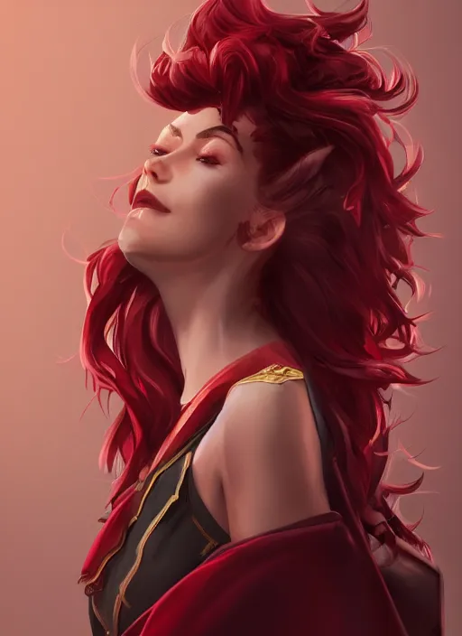 Prompt: a highly detailed illustration of beautiful long dark red haired woman wearing wine red epaulette uniform and coat cape, dramatic smiling pose, intricate, elegant, highly detailed, centered, digital painting, artstation, concept art, smooth, sharp focus, league of legends concept art, wlop