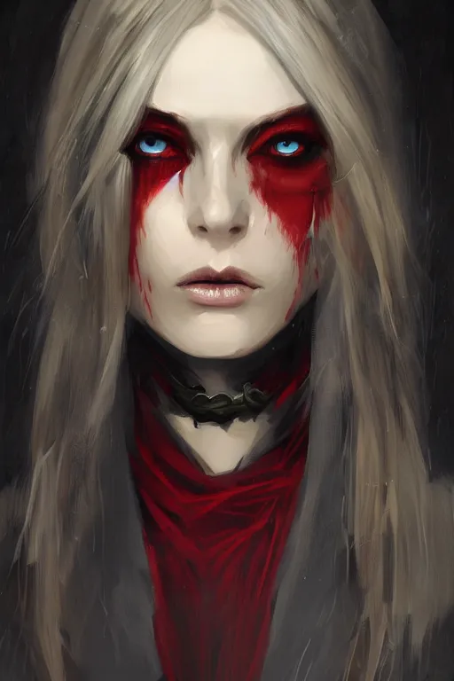 Image similar to female occultist, sweeping wild blonde hair!!, red eyes!!, portrait, high cheekbones, smug, evil, Victorian, black velvet dress, dark colors, ruby jewelry, moody, nefarious, villain, crimson halo, fantasy painting, trending in artstation, cgsociety, by Craig Mullins, Charlie Bowater, Brom, William-Adolphe Bouguereau