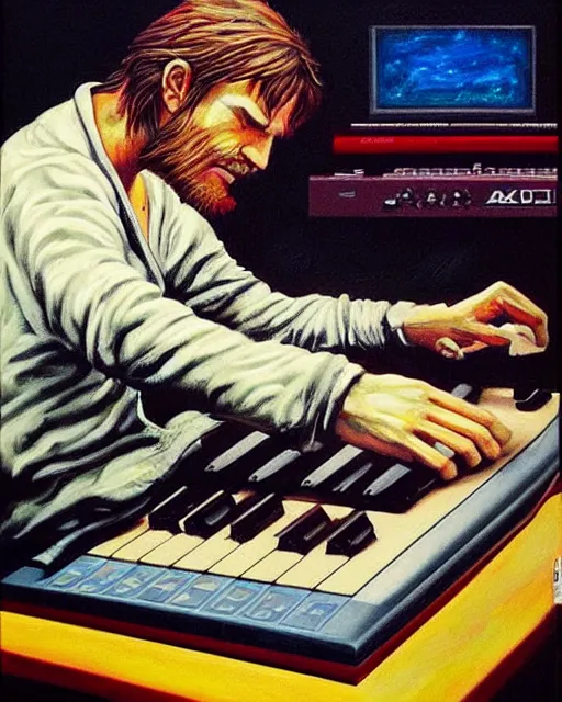 Image similar to cyclops (from x-men) finger drumming on an Akai MPC 2000XL, painting by Toni Toscani, oil on canvas