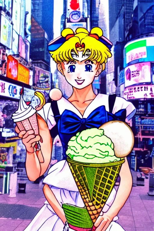 Image similar to Sailor Moon eating an ice-cream cone with green ice-cream, walking down New York Time Square, high detail, realistic