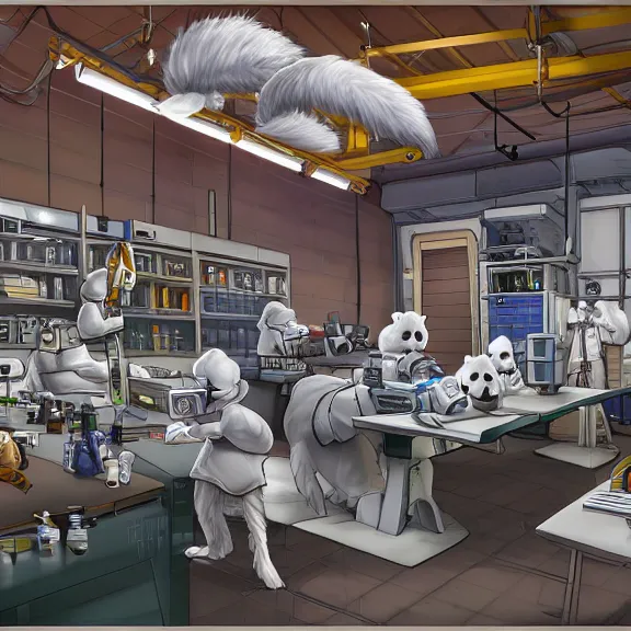 Image similar to highly detailed weapons laboratory, clean and organized, quantum technology, with anthropomorphic furry researchers, tables, parts, windows, sci fi, Extremely detailed digital art, furry art, furaffinity, DeviantArt, HD artstation