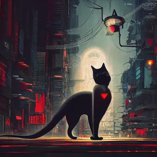 Image similar to a detailed matte painting of a black cat with red led eyes, the cat is in a intricately detailed neo cyberpunk Japanese city, the angel of death with a halo, colorful background not limited to children, by Ismail Inceoglu , concept art, featured on cgsociety