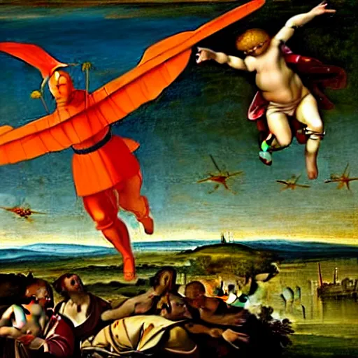 Image similar to renaissance painting of a flying car