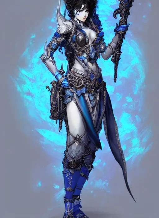 Prompt: Full body portrait of a cute elven girl with short curly black hair wearing ornate gray and blue attire, vibrant colours. In style of Yoji Shinkawa and Hyung-tae Kim, trending on ArtStation, dark fantasy, great composition, concept art, highly detailed.