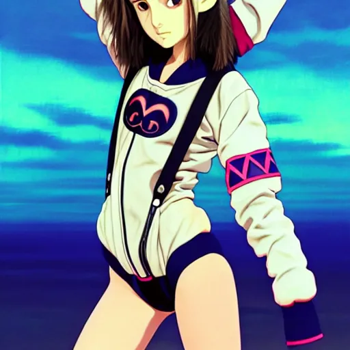 Image similar to beautiful boyish natalie portman gravure model in majora's mask, wearing big mayan bomber jacket with overalls and leotard, big bomber jacket with subtle mayan patterns, aztec bathing suit, gapmoe yandere grimdark, trending on pixiv fanbox, painted by greg rutkowski makoto shinkai takashi takeuchi studio ghibli, akihiko yoshida