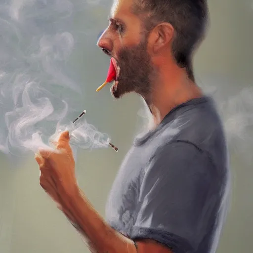 Prompt: smoker. smoke. happiness. impressionism. poster. matt painting. octane render