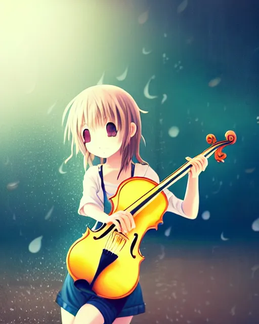 Prompt: anime style, chibi, full body, a cute girl with white skin and golden long wavy hair holding a violin and playing a song, heavenly, stunning, realistic light and shadow effects, feathers, rainy, centered, landscape shot, happy, simple background, studio ghibly makoto shinkai yuji yamaguchi