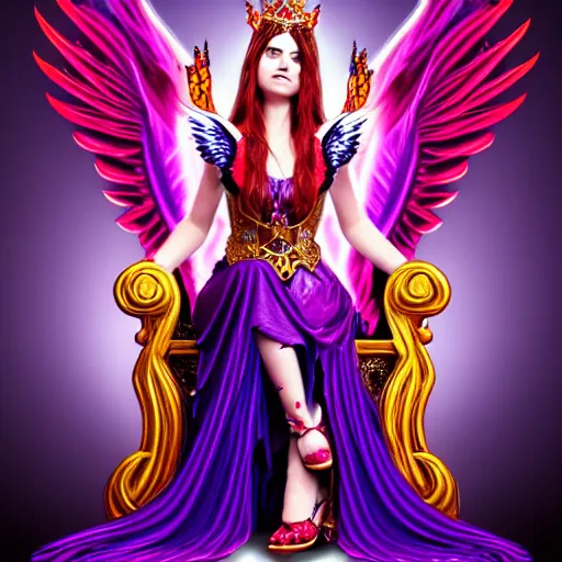 Image similar to Princess sorceress with red flaming bird wings on her back and sitting on an ornate throne dressed in a fancy purple dress, beautiful realistic face, Fantasy, Full Portrait, High detail, realistic, planeswalker