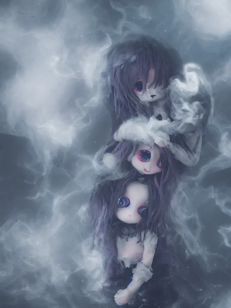 Image similar to cute fumo plush of a cursed frail witch girl held tight in the arms of a ghost mother, hugging and cradling, anime, melting volumetric smoke and fog, environment map pbr reflective stormy water, gothic maiden, bokeh, vignette, vray