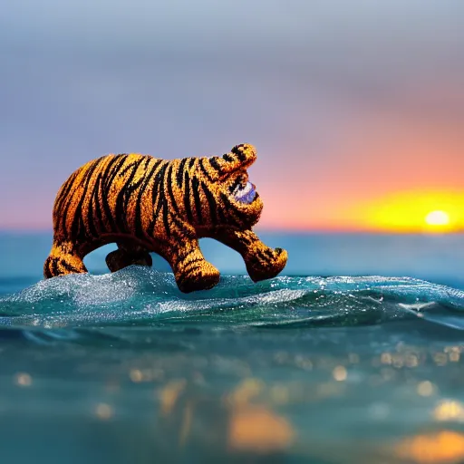 Image similar to a closeup photorealistic photograph of a cute smiling knitted tiger hippopotamus chasing a beachball at sunset. surf in the background. professional capture. this 4 k hd image is trending on artstation, featured on behance, well - rendered, extra crisp, features intricate detail, epic composition and the style of unreal engine.