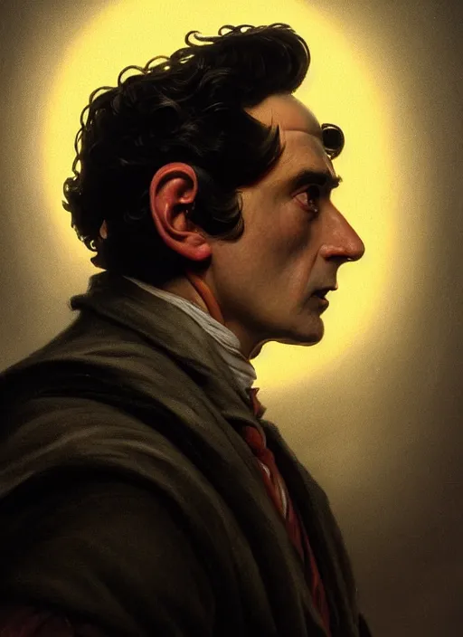 Prompt: side profile centered painted portrait, of egon spengler, lord of the rings, tolkien, matte painting concept art, baroque, beautifully backlit, swirly vibrant color lines, fantastically gaudy, aesthetic octane render, 8 k hd resolution, by caravaggio and diego velazquez