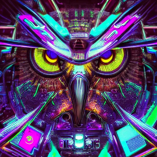 Image similar to eye of a cybernetic owl, futuristic, cyberpunk, digital illustration, photo - realistic, macro, extremely detailed, vivid, neon, dramatic lighting, intricate details