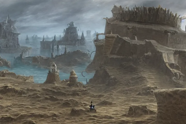 Prompt: a land outside of time and space with floating sands and flying beasts with a Fort in the middle and water tunnels below, a man standing watching over, realistic