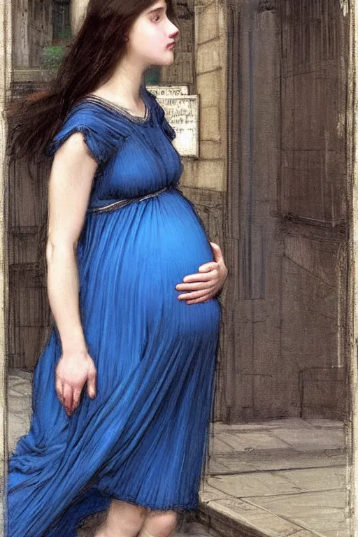 Image similar to pregnant woman in a small blue dress on night street, highly detailed, sharp focused, ultra realistic digital concept art by John William Waterhouse