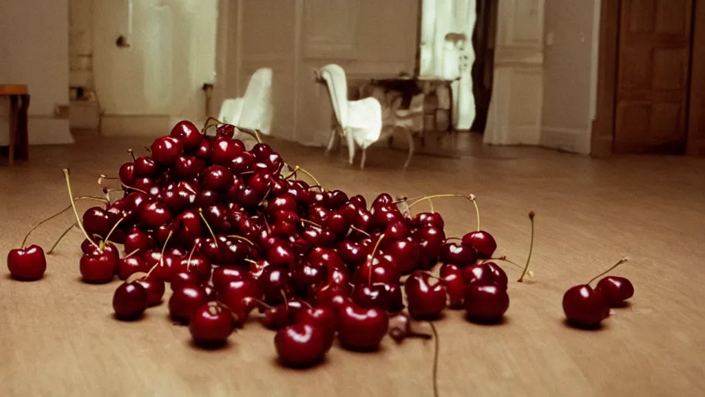 Image similar to Cherries exploding into smaller cherries in a living room, film still from the movie directed by Denis Villeneuve with art direction by Salvador Dalí, wide lens