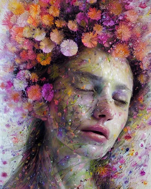 Image similar to Flower storm portrait, vortex of petals and radiant light, in the style of Jenny Saville, impressionistic brushwork