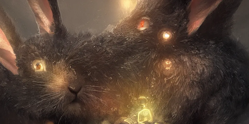 Image similar to black biomecanical rabbit is watches on his smartphone, hyper detailed, digital art, fantasy illustration, trending in artstation, cinematic lighting, studio quality, smooth render, unreal engine 5 rendered, octane rendered, art style by klimt and nixeu and ian sprigger and wlop and krenz cushart
