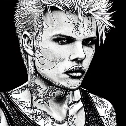 Prompt: Billy Idol, high detail, photorealistic, intricate line drawings, dotart, album art in the style of James Jean