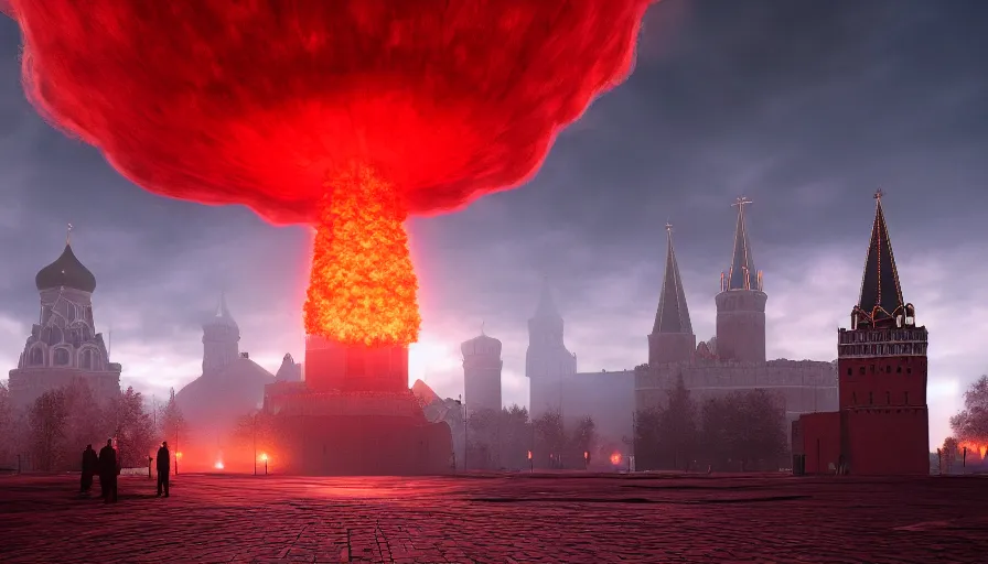 Image similar to a big nuclear explosion with realistic nuclear mushroom in Red Square Kremlin, dramatic lighting, cinematic, extremely high detail, photo realistic, cinematic lighting, post processed, concept art, artstation, matte painting, unreal engine 8k